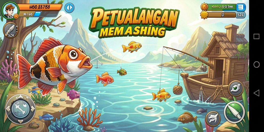 Screenshot utama 5ZK menampilkan pemain yang sedang memancing di danau indah.
