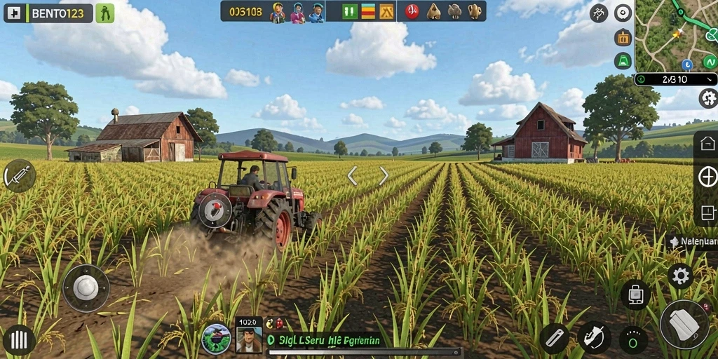 Tampilan gameplay seru di BENTO123 dengan berbagai tanaman dan alat pertanian.
