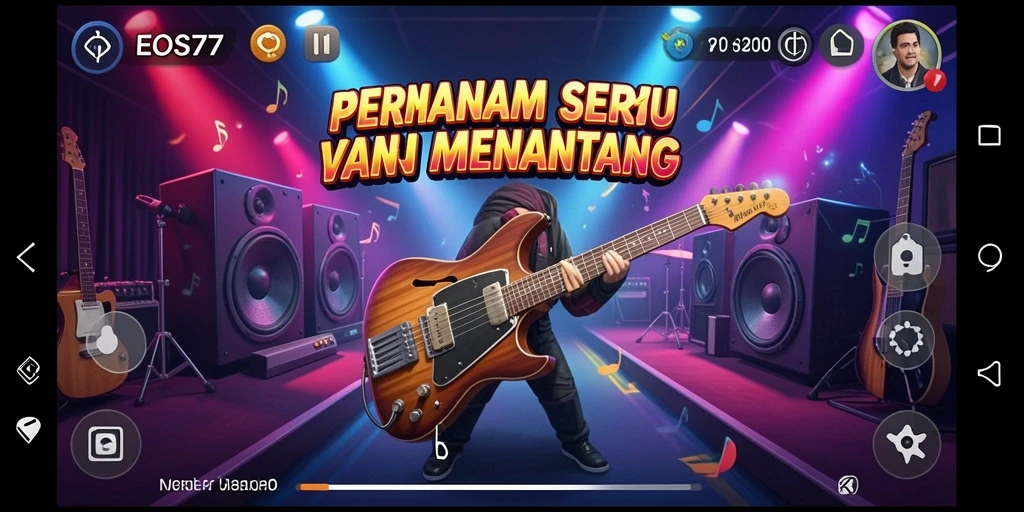 Screenshot utama EOS77 menampilkan gameplay yang mendebarkan dengan latar musik.