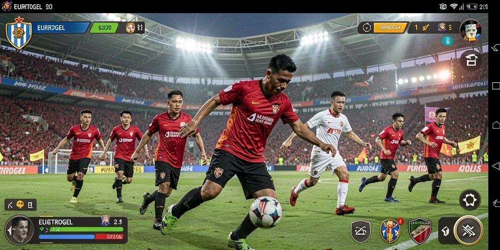 Tampilan gameplay seru di EUROTOGEL dengan aksi sepak bola nyata.