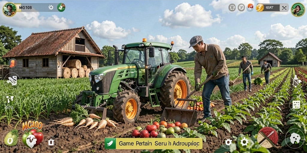 Tangkapan layar gameplay MG108 menampilkan aktivitas bertani yang seru.