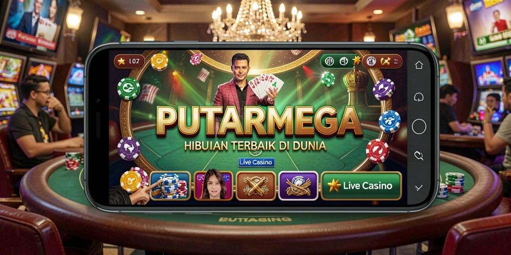 Screenshot utama PUTARMEGA menampilkan dealer langsung dan gameplay kasino yang mendebarkan.