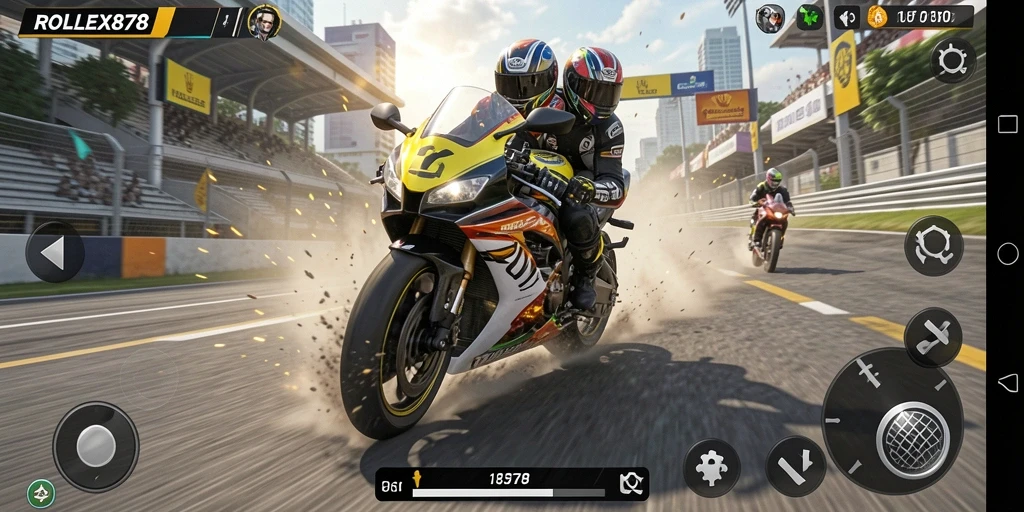Screenshot menunjukkan aksi balapan motor yang mendebarkan.